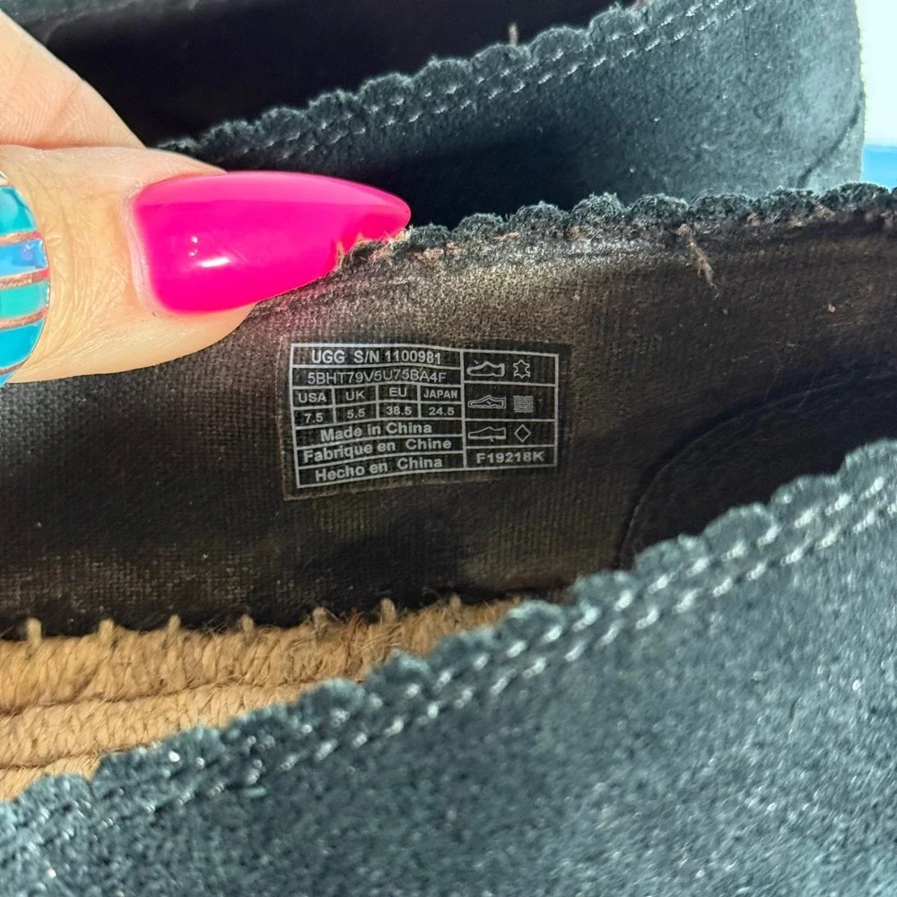 UGG Heidi Espadrille Flats Women 7.5 Black Suede Scalloped Slip‎ On Classic